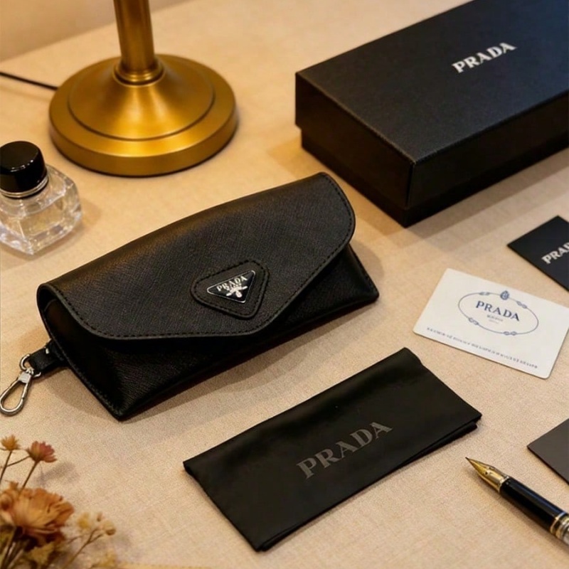 Women Bags Prada - Kotak Kacamata Kulit Hitam Prada, Kantong