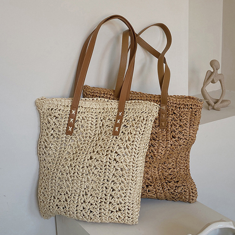Women'S Raffia Bags - Tas pantai jerami berongga persegi tas